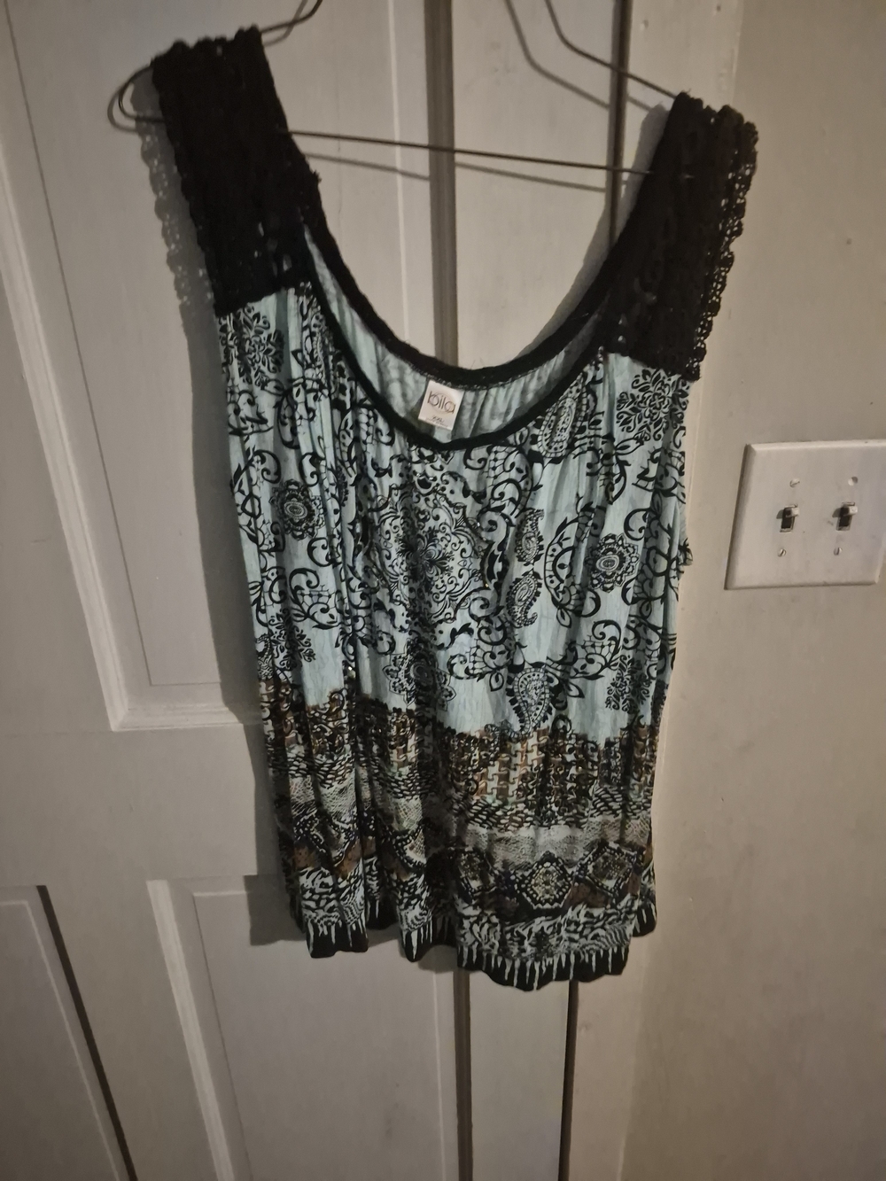 Bila Light Blue and Black Printed Lace-Shoulder Tank Top